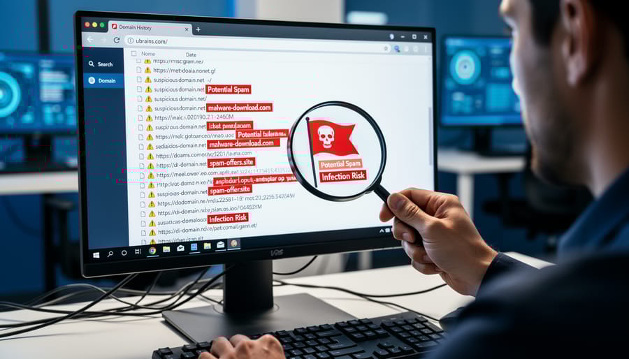 Magnifying glass examining domain reputation report with warning indicators