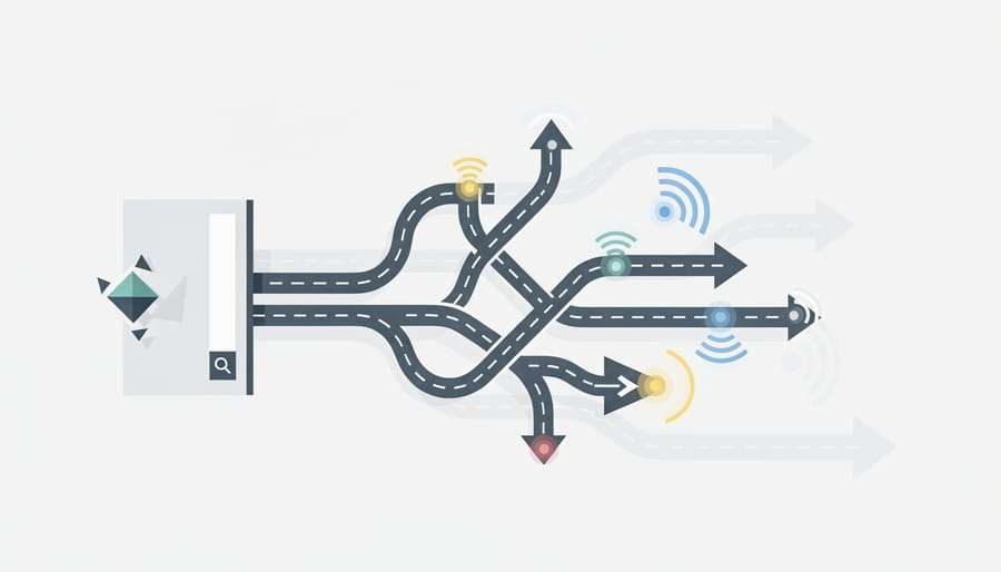 Multiple directional signpost arrows at forest crossroads representing misaligned search signals