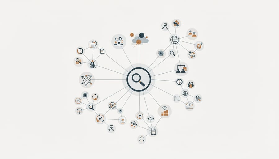 Interconnected transparent spheres representing entity relationships in search algorithms