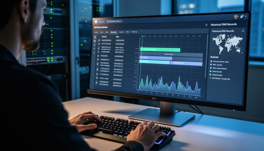 Magnifying glass examining server logs and domain data on desk