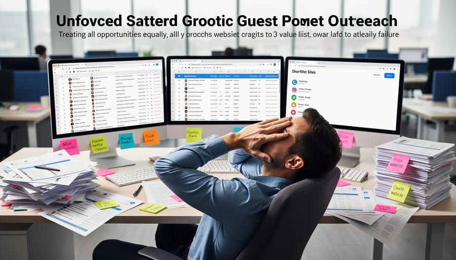 Overhead view of messy desk with laptop and scattered papers representing failed outreach attempts