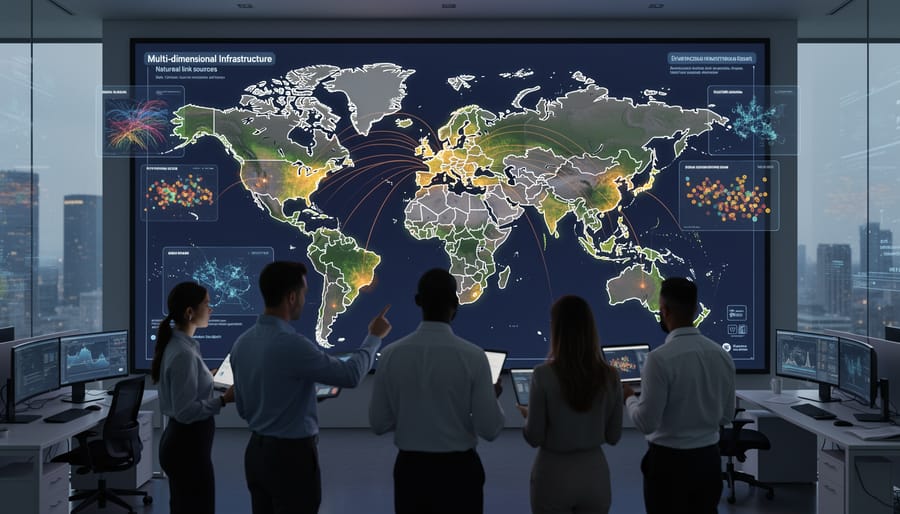 Globe with colored pins distributed across multiple countries representing geographic server diversity