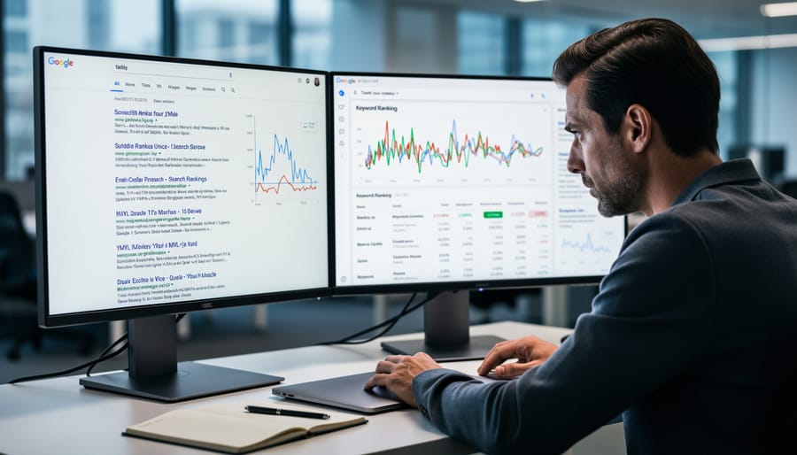 Laptop displaying Google search results on desk workspace