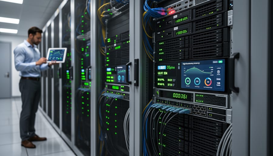 Modern server racks with glowing status lights in professional data center