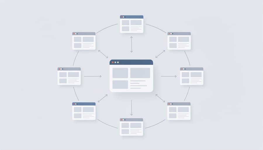 Overhead view of connected page mockups representing internal link architecture