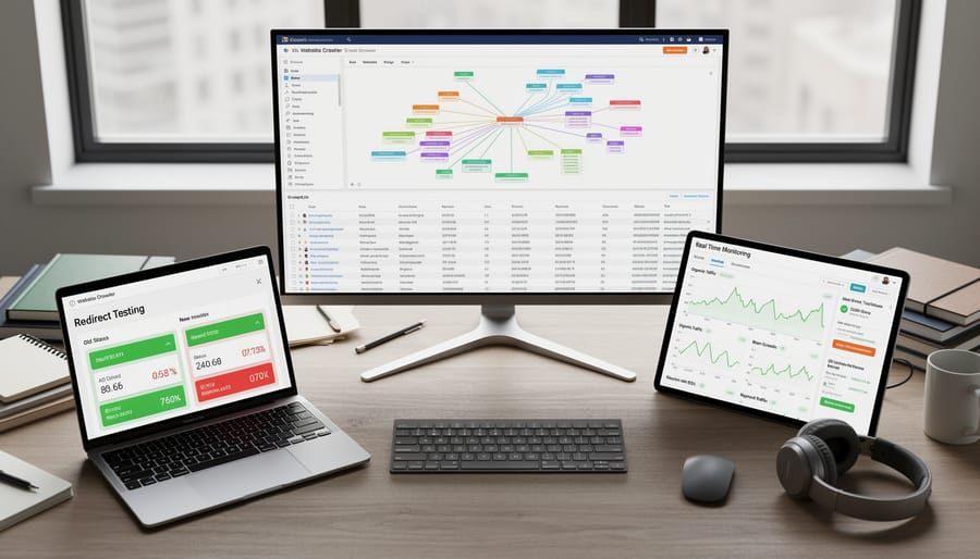 Developer workstation with monitoring tools and technical systems for site migration management
