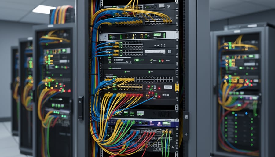 Multiple colored ethernet cables connected to server ports representing network diversity