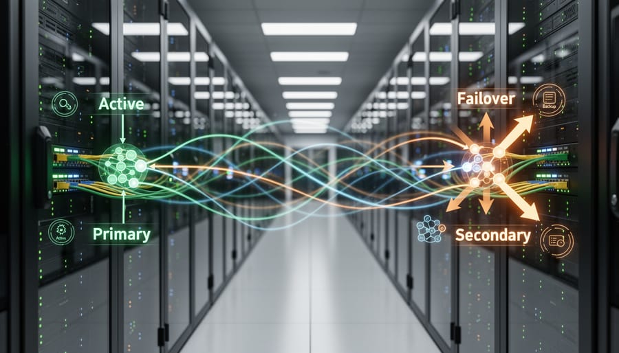 Network switch with illuminated ports and connected cables showing active data transmission