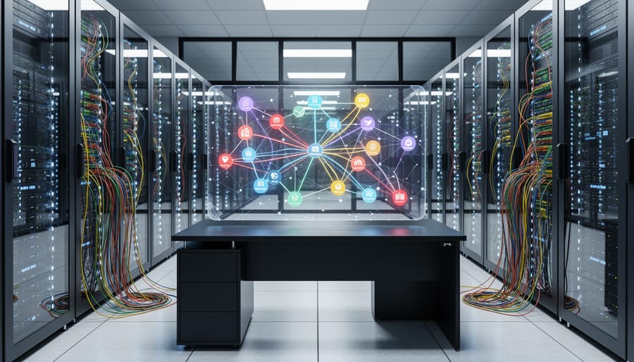Multiple colored fiber optic cables spreading in different directions representing network diversity