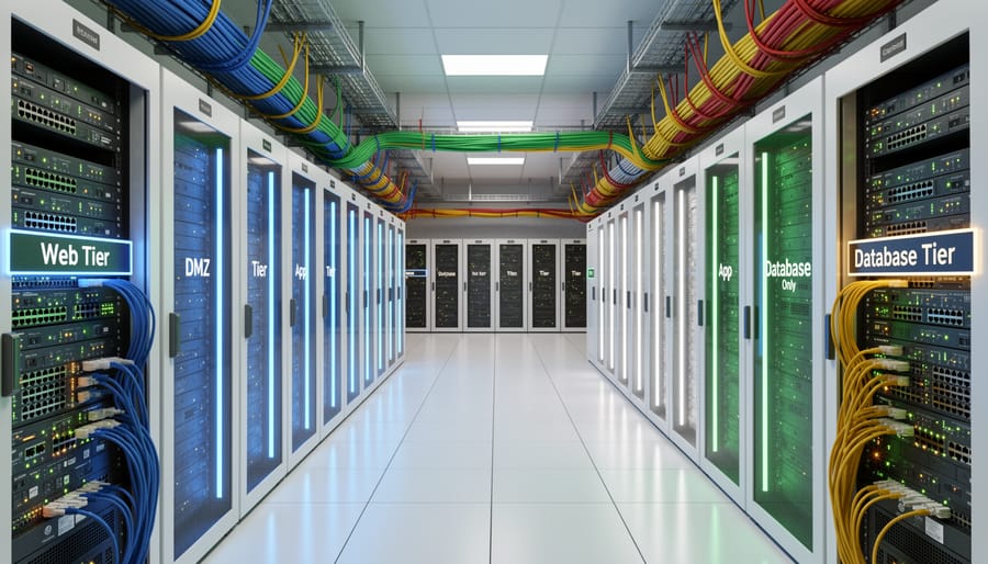 Server room showing organized network equipment with separated cable management systems