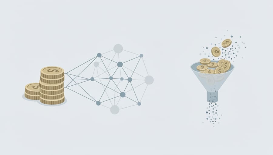 Business person reviewing declining analytics on tablet with money scattered on desk