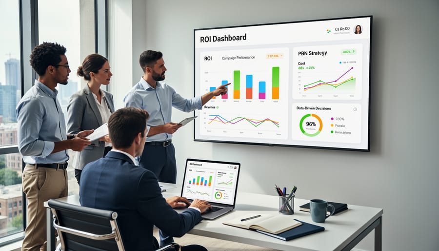 Business team reviewing performance data and discussing strategy in conference room