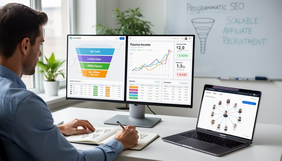 Overhead view of affiliate marketer planning revenue strategy with documents and laptop