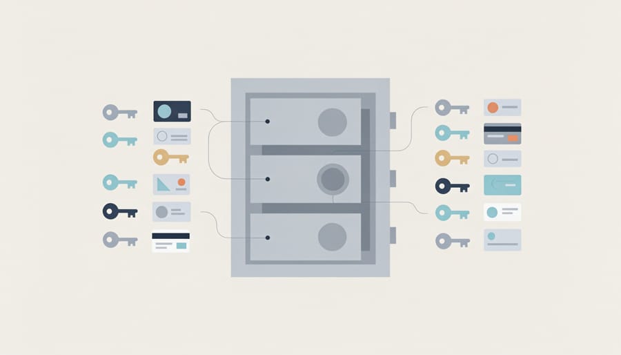 Multiple metal keys organized in rows inside a secure vault