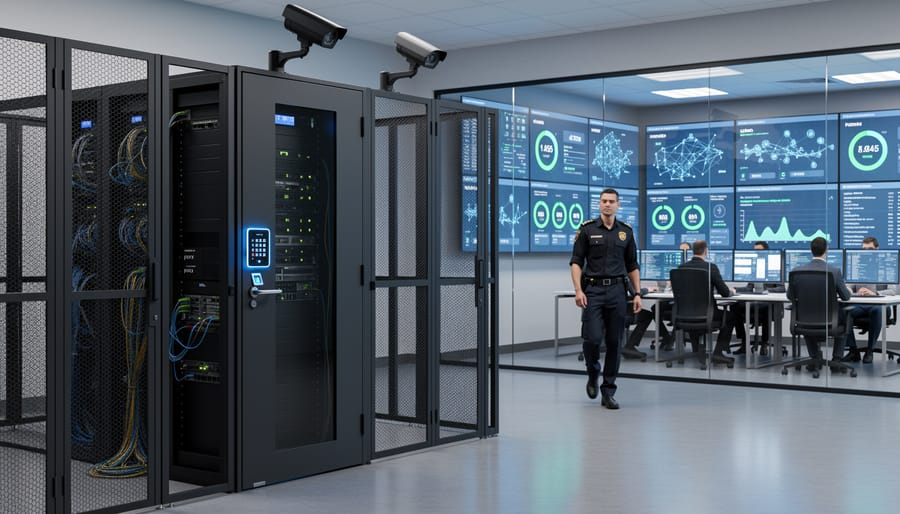 Padlock and chain securing server equipment in data center environment