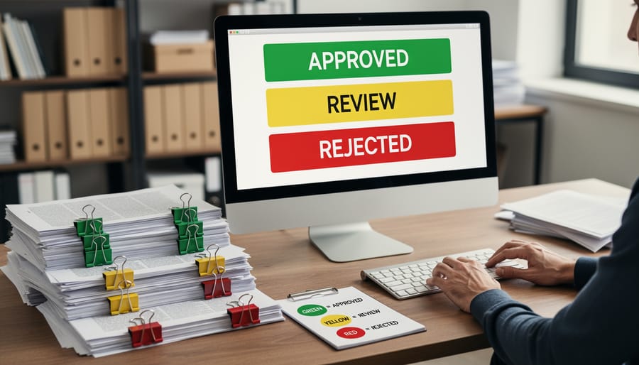 Traffic lights showing red, yellow, and green signals against blue sky