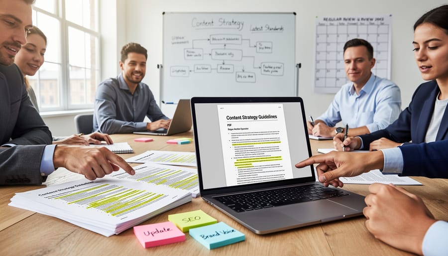 Hands reviewing printed content strategy document with tabbed sections and notes