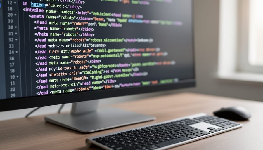 Laptop screen displaying HTML code with meta robots tag in head section
