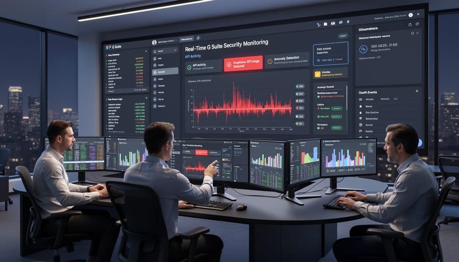 Security operations center monitors displaying real-time threat detection dashboards