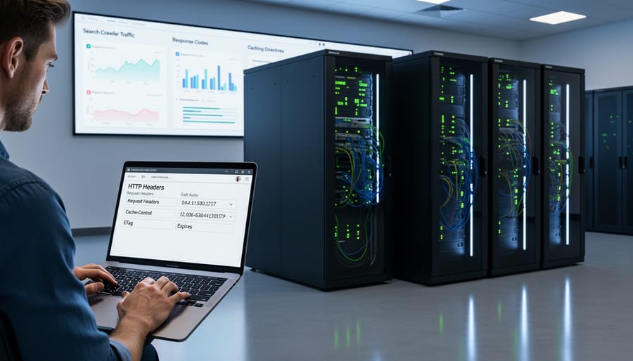 Overhead view of server rack with ethernet cables and LED indicators in data center