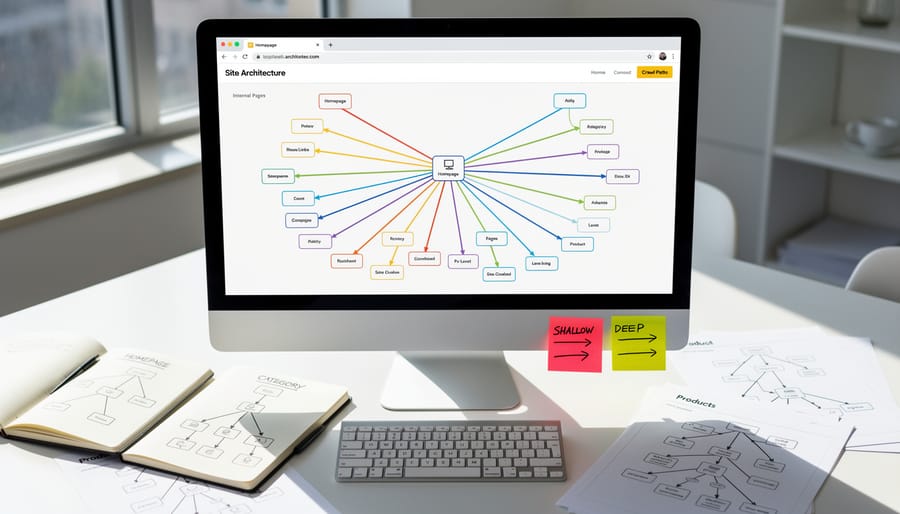 Computer monitor displaying multiple website pages at varying navigation depths