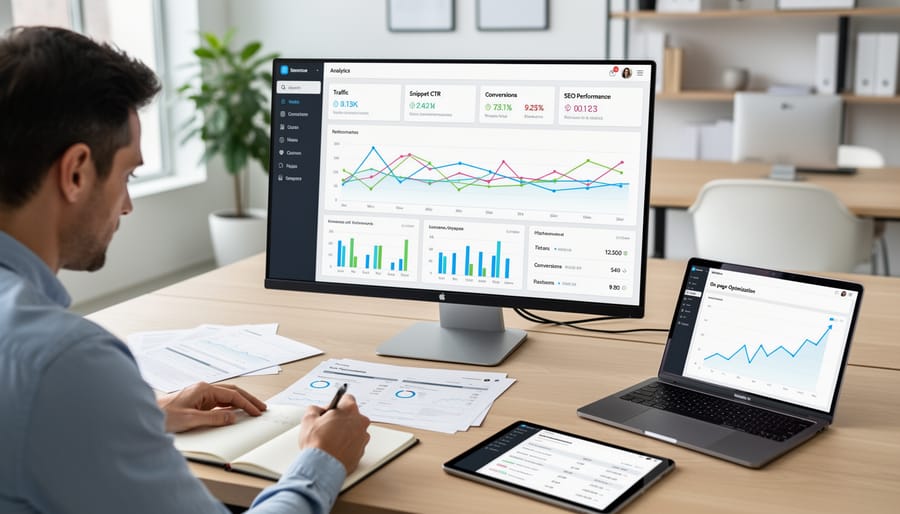 SEO professional reviewing featured snippet performance metrics on computer dashboard