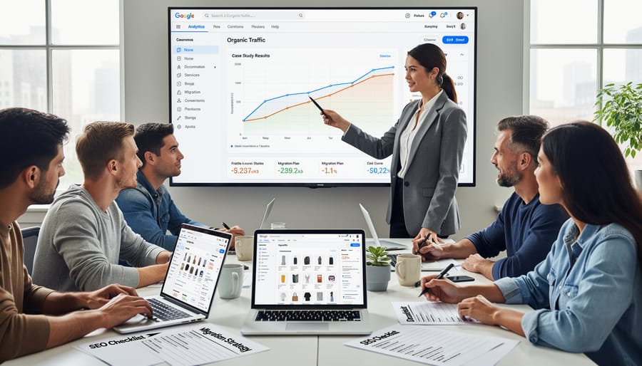 Professional working on laptop showing positive traffic metrics after successful site migration
