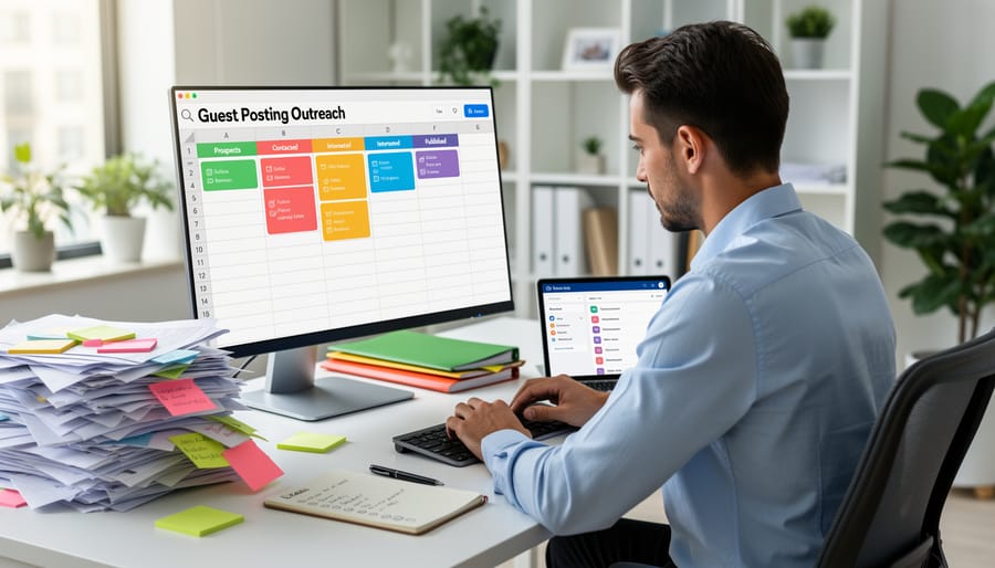 Organized workspace with laptop and folders showing systematic outreach tracking