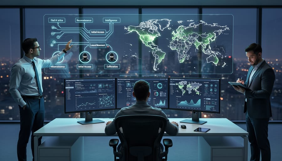 Security researcher's workspace with threat analysis documents and laptop