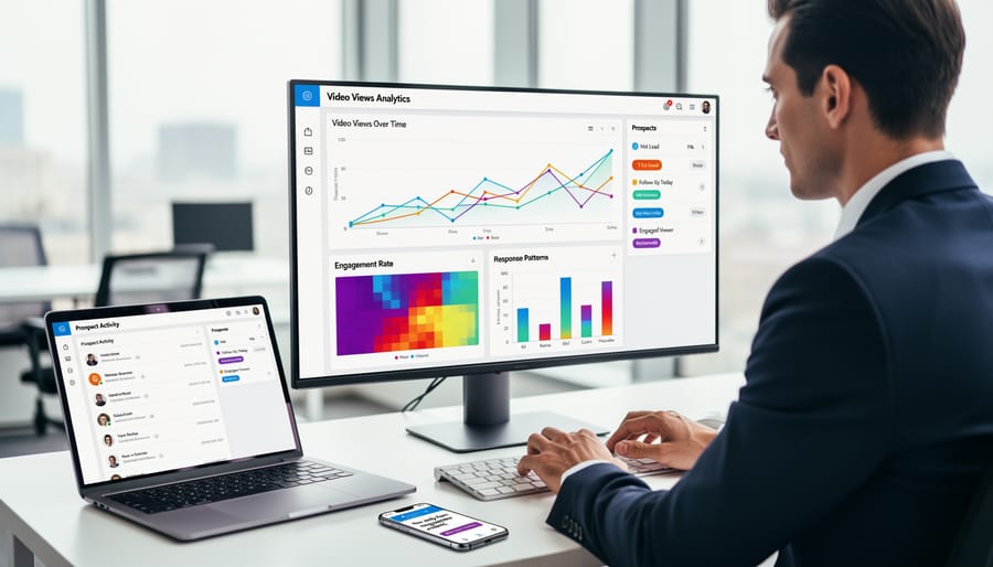 Professional reviewing email responses and video analytics at desk