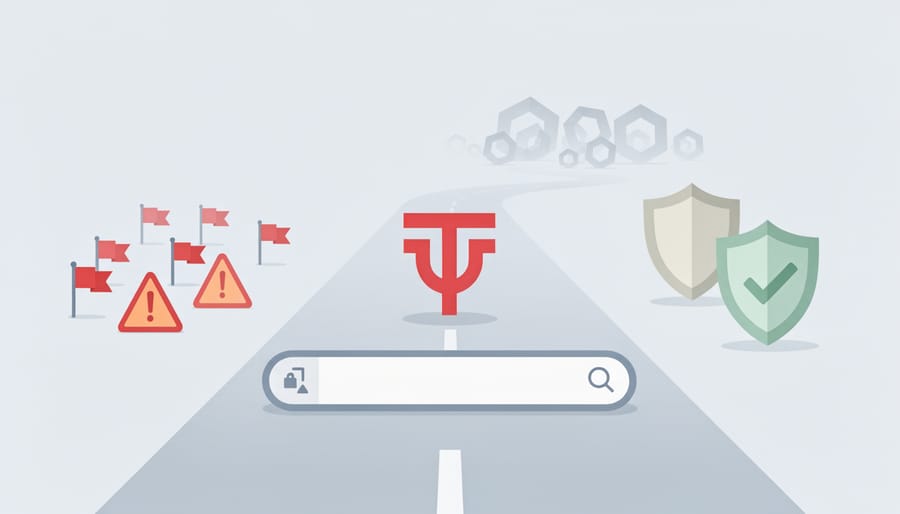 Red warning flag in ground with storm clouds representing trademark risk signals