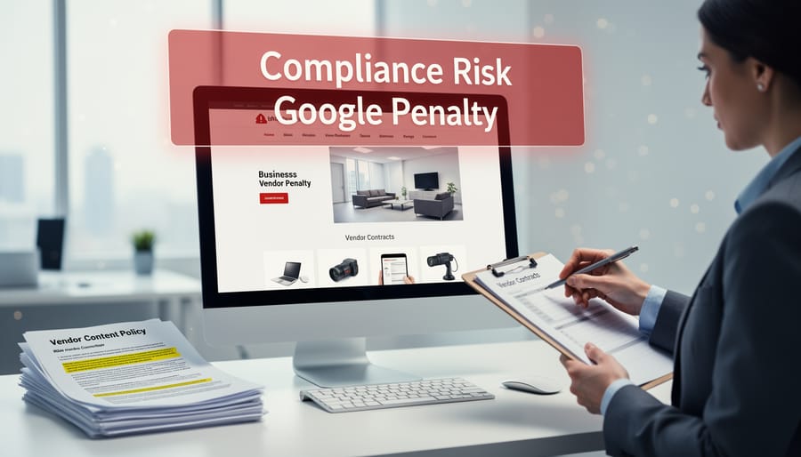 Business professional reviewing compliance documents with warning notices on desk