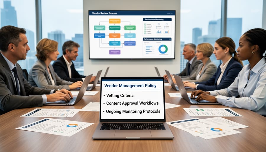 Vendor management documents and approval checklists arranged on desk with digital device