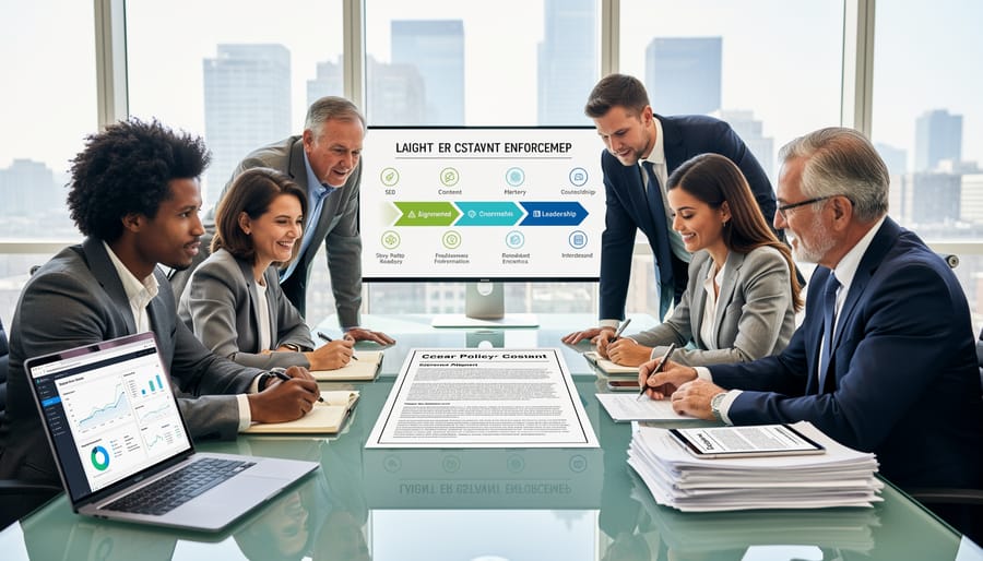 Business team meeting to discuss vendor management policy implementation