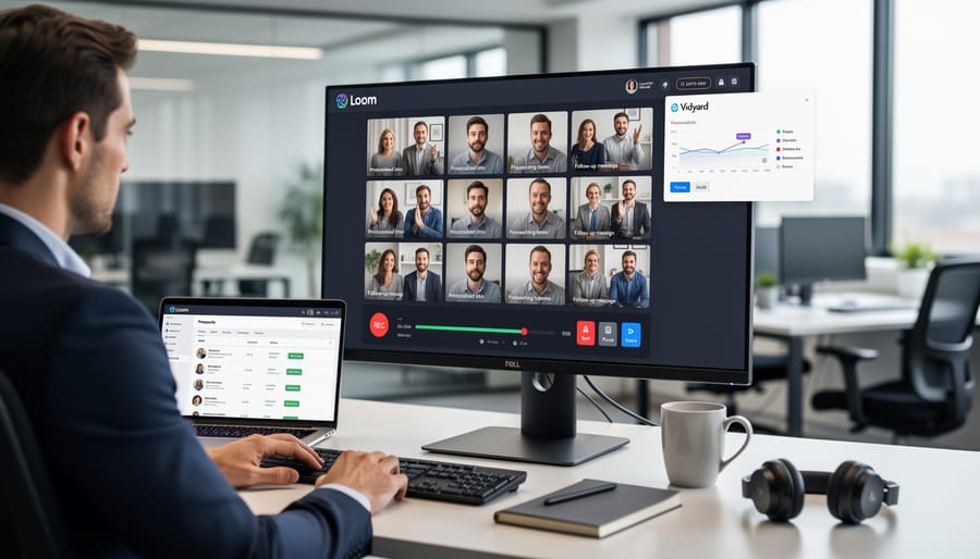 Laptop displaying video recording software with person recording prospecting message