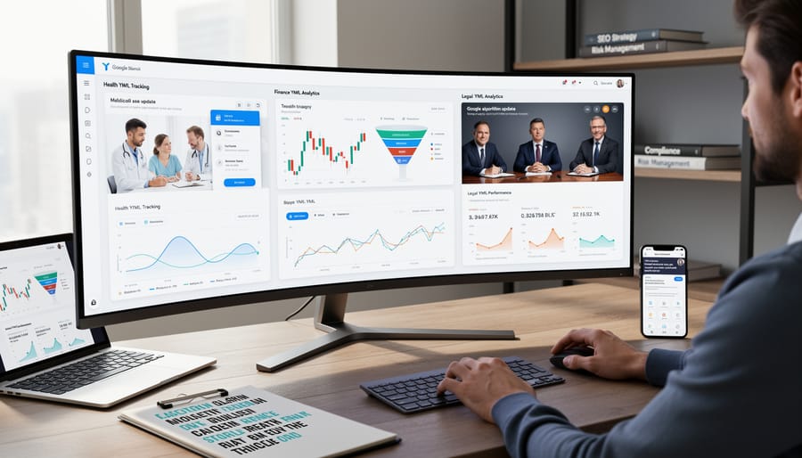 Person tracking data on smartphone and notebook representing YMYL content monitoring
