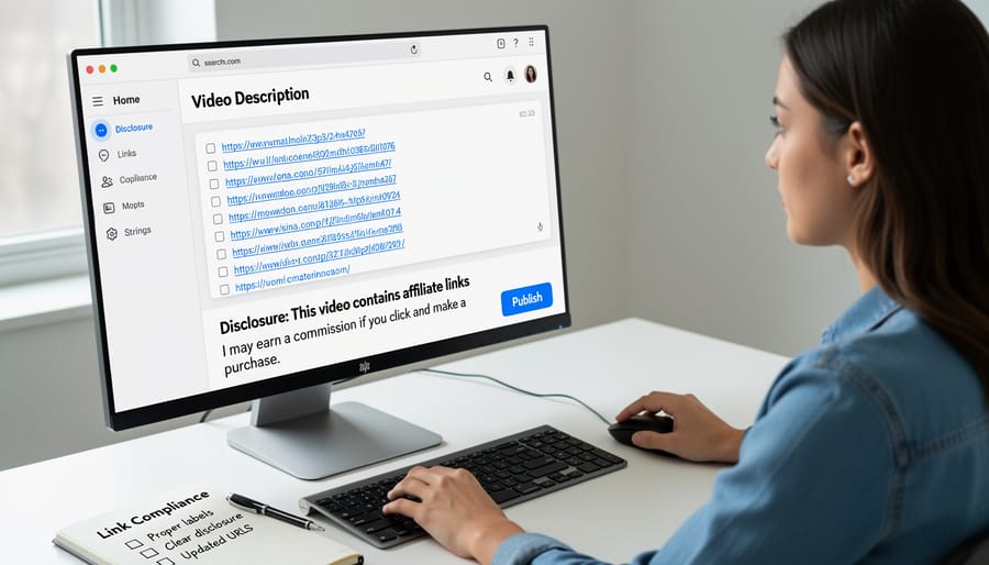 Close-up of hands holding smartphone showing YouTube video description with affiliate link placement