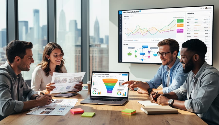 Business team collaborating around conference table with laptops and documents