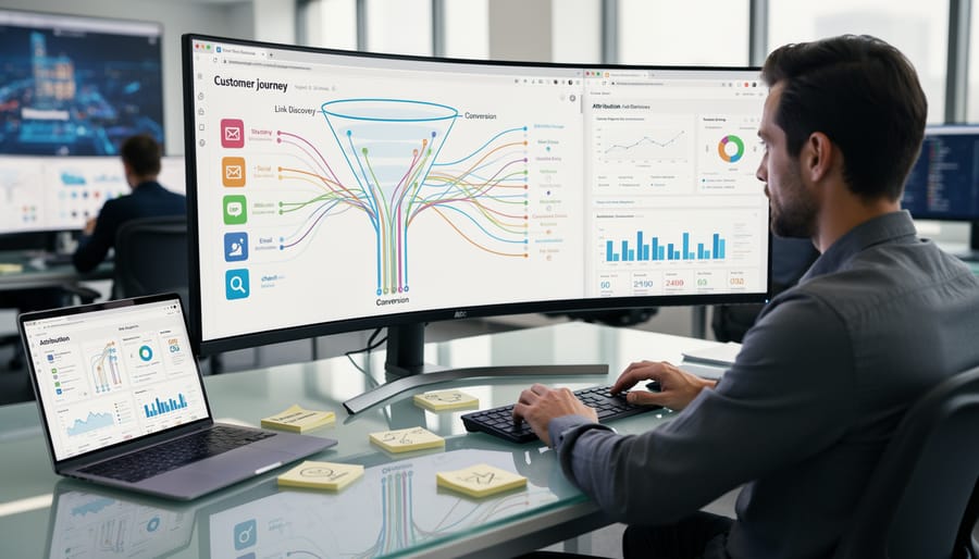 Business professional analyzing web analytics and tracking data on laptop
