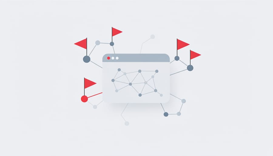 Red warning flags planted in damaged soil symbolizing danger signals