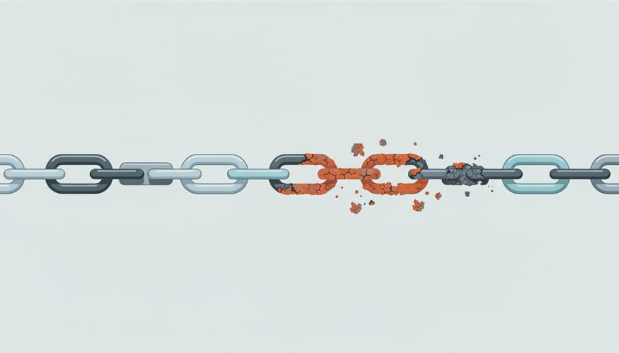 Overhead view of mixed quality chain links showing both clean and rusted connections