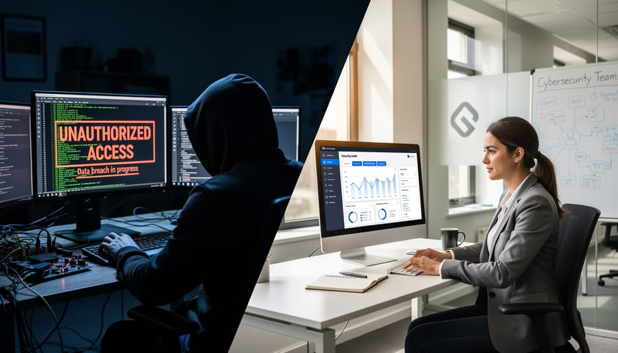 Hooded figure typing on laptop in dark room with blue screen glow