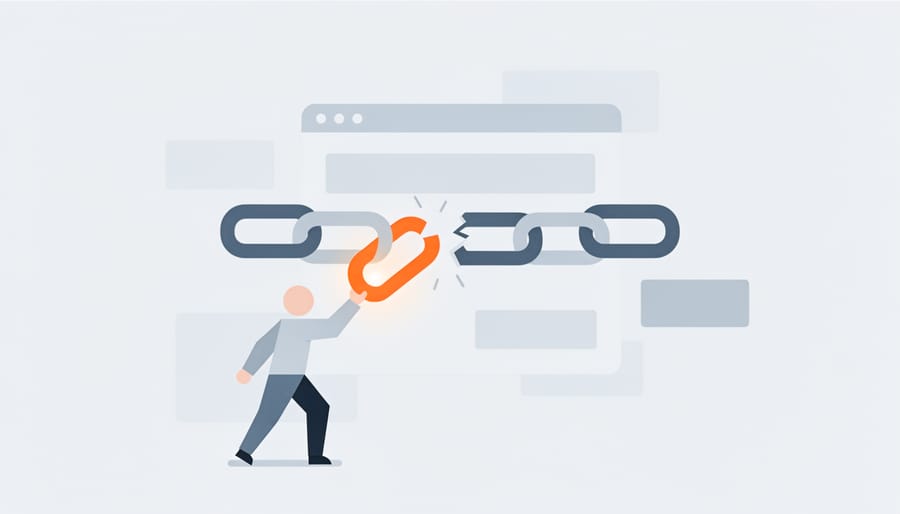 Broken metal chain link on office desk symbolizing broken web links