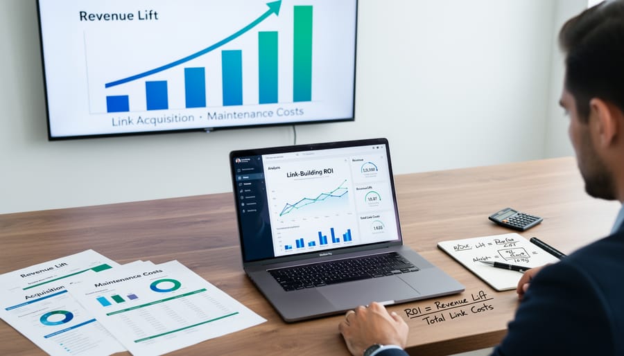 Close-up of hands calculating ROI figures on financial documents with calculator