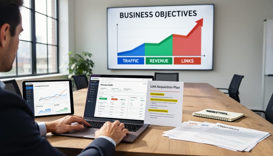 Overhead view of marketing workspace with planning documents and analytics tools