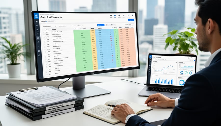 Organized workspace showing contract management system with folders, tablet, and color-coded notes