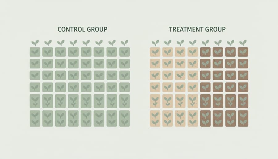Overhead view of two groups of seedling plants in nursery trays showing visual differences