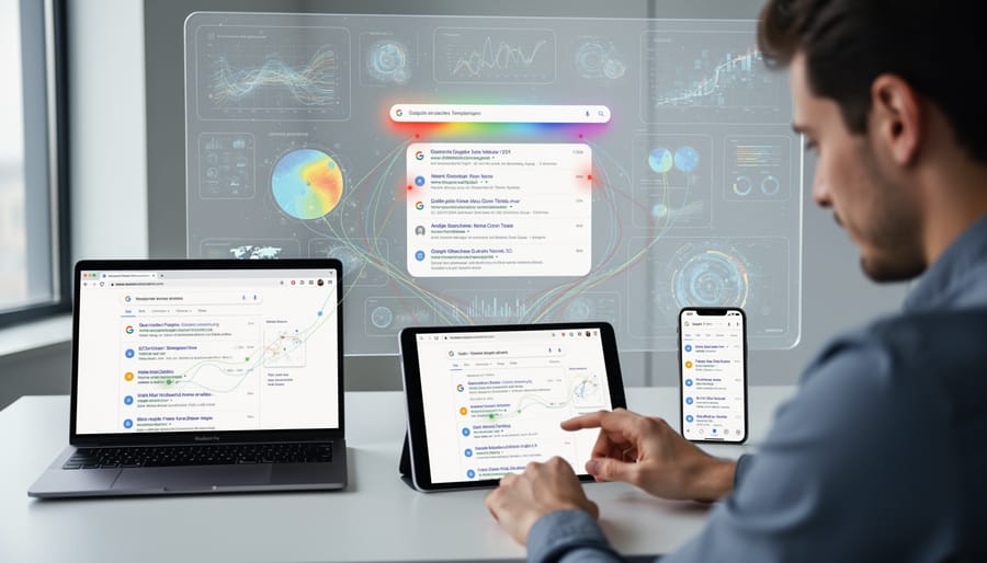 Overhead view of workspace with laptop showing search results, smartphone, and notes