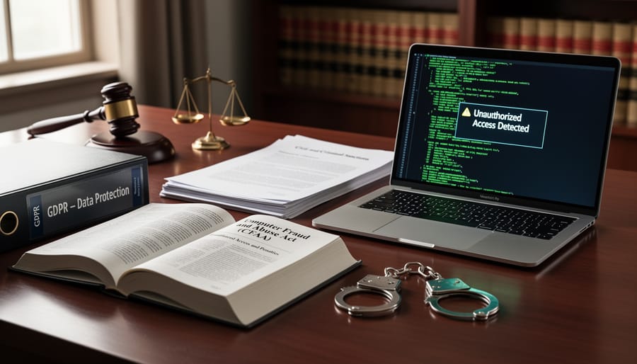 Gavel on legal documents next to laptop representing cybersecurity law enforcement