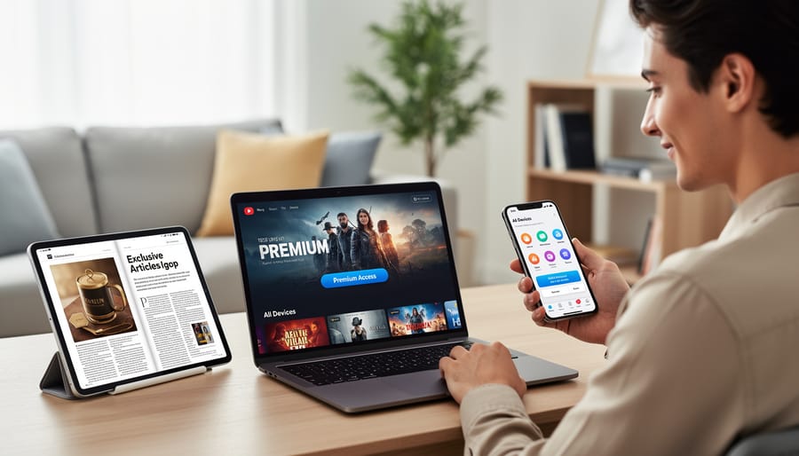 Person reading digital news article on smartphone with laptop in background